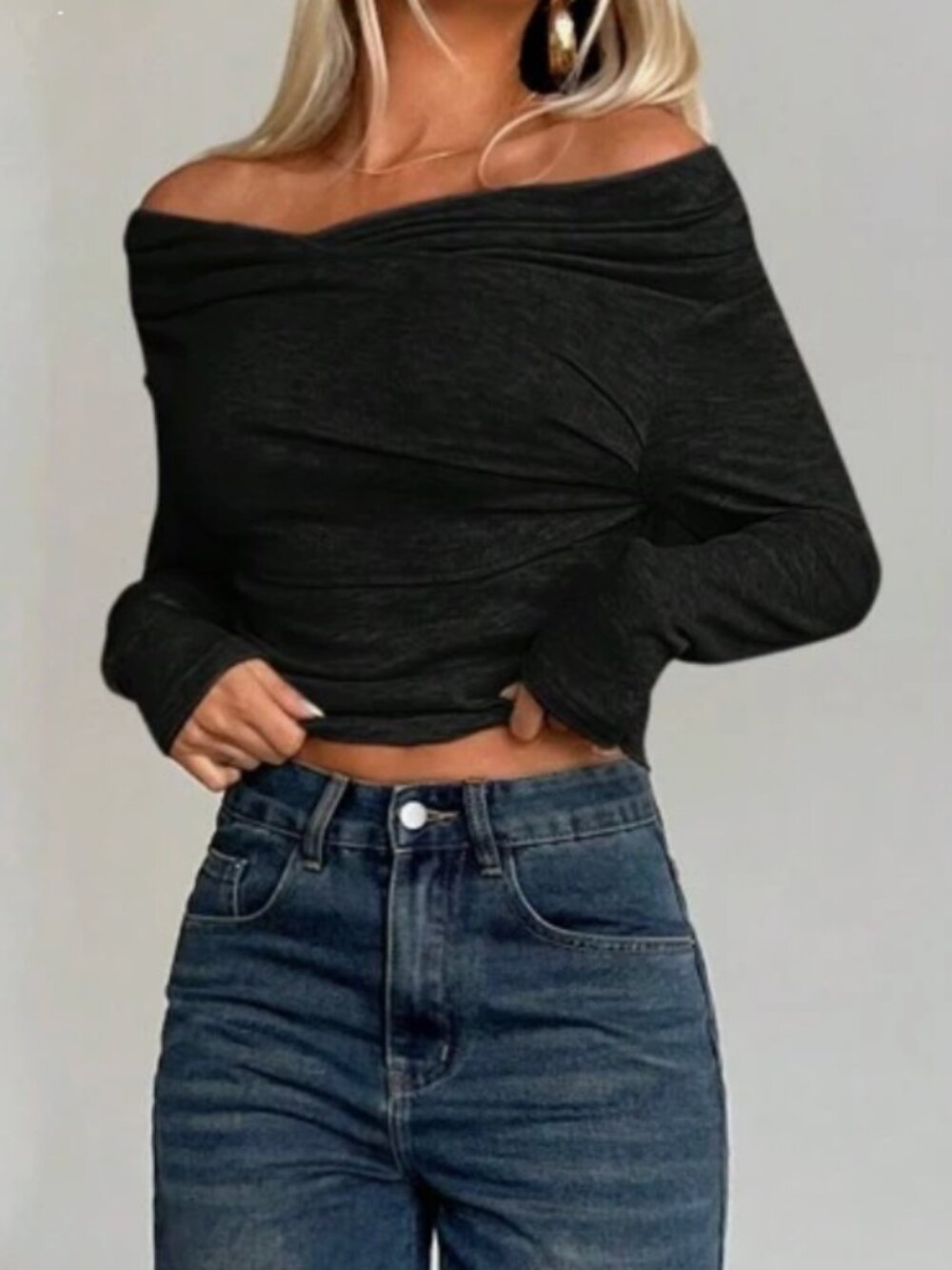Black off-the-shoulder long sleeve top